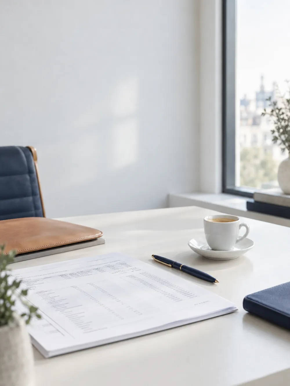 Bright desk with a printed report and an espresso