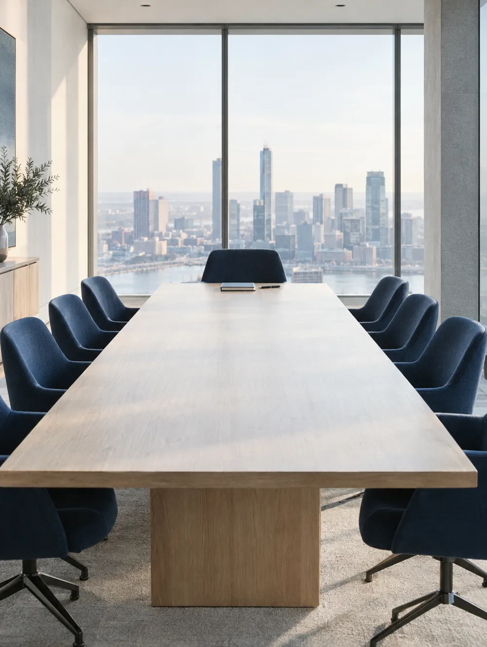 Bright meeting room with a long table and a view of the city
