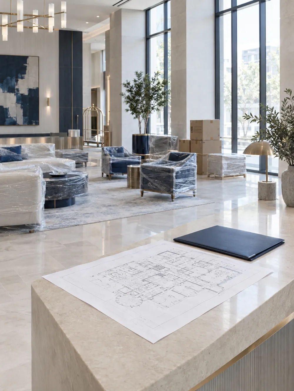 Bright hotel lobby shortly before opening, with a floor plan and a folder on the reception desk